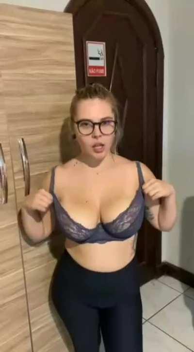 Bouncing jiggling around and having fun with my huge boobs